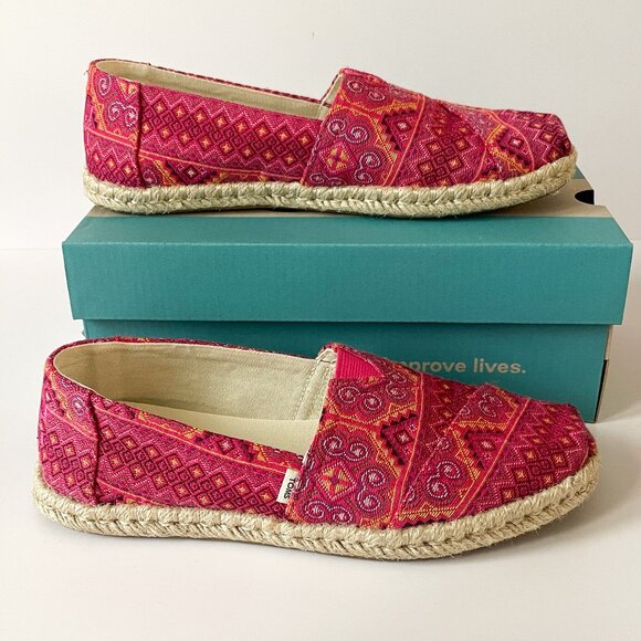 Toms Alpargata Rope Pink Hmong Floral Print Slip-on Flat Shoes sz 6.5 - Picture 1 of 7